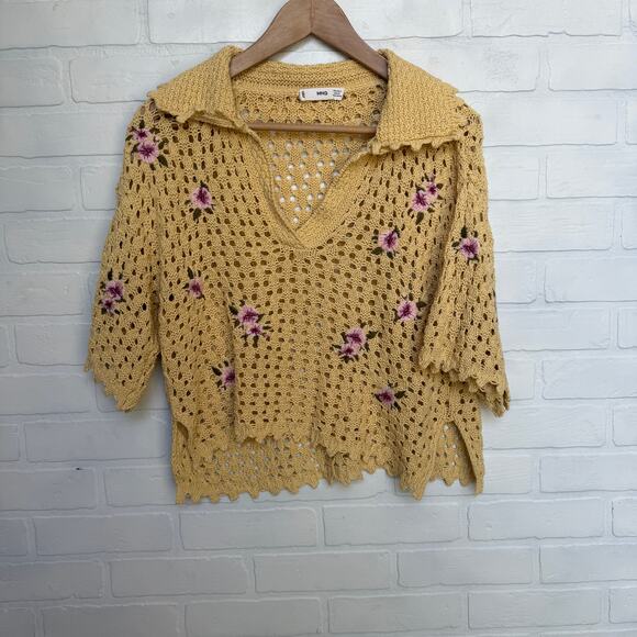 MNG Women's Yellow Crochet Crop Style Floral Embroidered Top Vneck Collar sz S - Picture 2 of 6